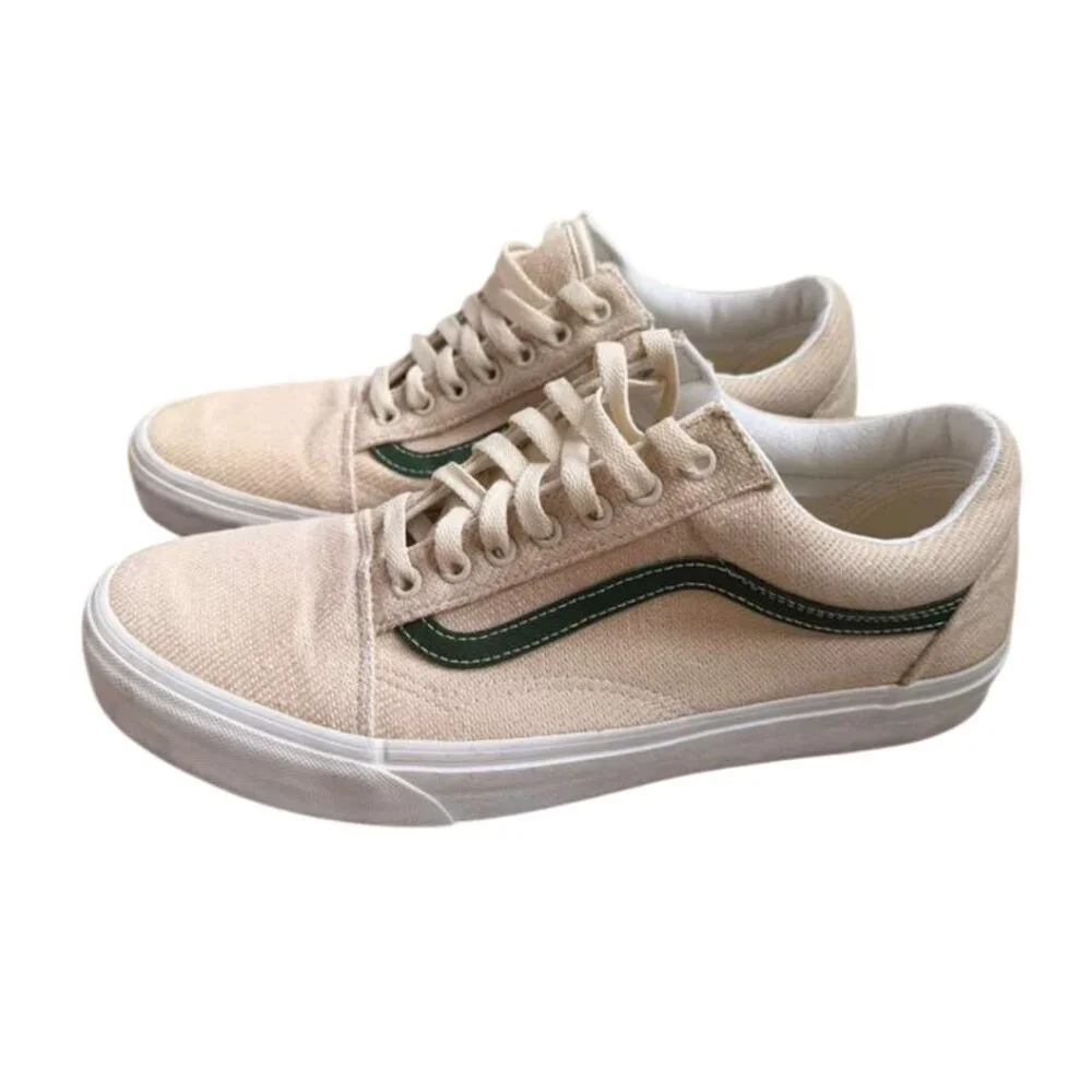 Vans Old Skool Beige Canvas Sneakers with Green Stripe – Size 10